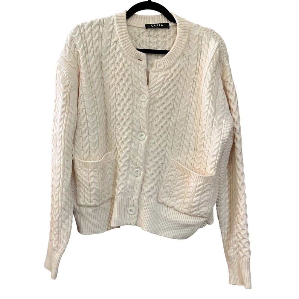 Caara chunky cable knit boxy crewneck button front cardigan sweater